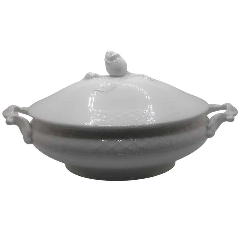 Oscar De La Renta Fine China White Oval Covered Dish Rose Lid Tureen Server Dish